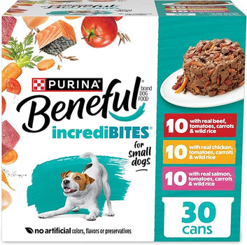 Beneful Purina Small Breed Wet Dog Food Variety Pack, IncrediBites With Real Beef, Chicken and Salmon - (Pack of 30) 3 Oz. Cans